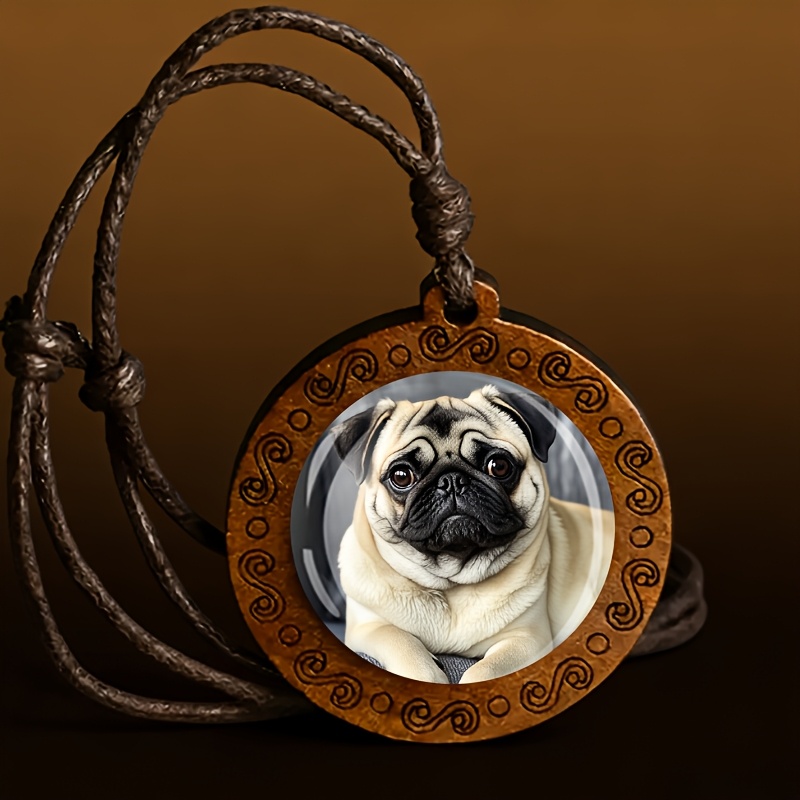 TEMU Cute Pug Dog Wooden Necklace, Retro Easy Small Gift, Small Present For . Accessory, Daily Wear Statement, Suitable For