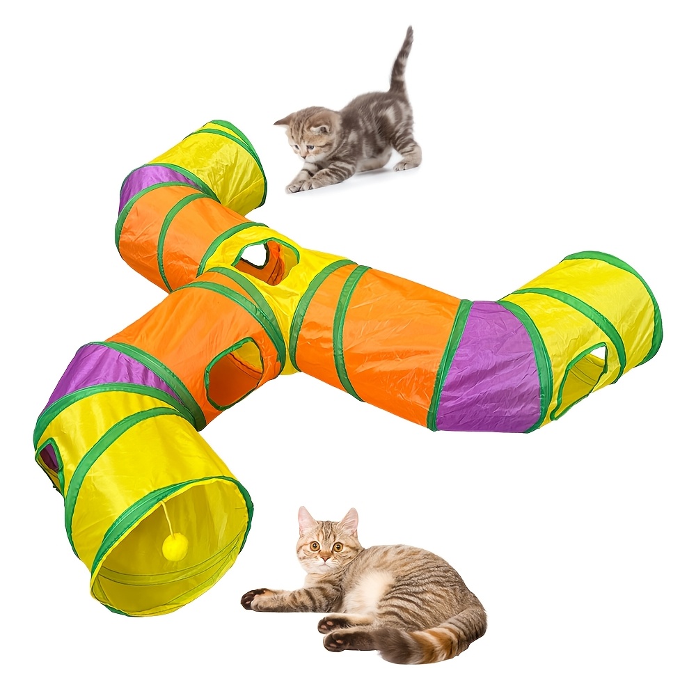 Image of Colorful Long T-shaped Cat Tunnel Toy - Foldable Interactive Play Tube With Hanging Ball For Cats, Made Of Durable Polyester Material