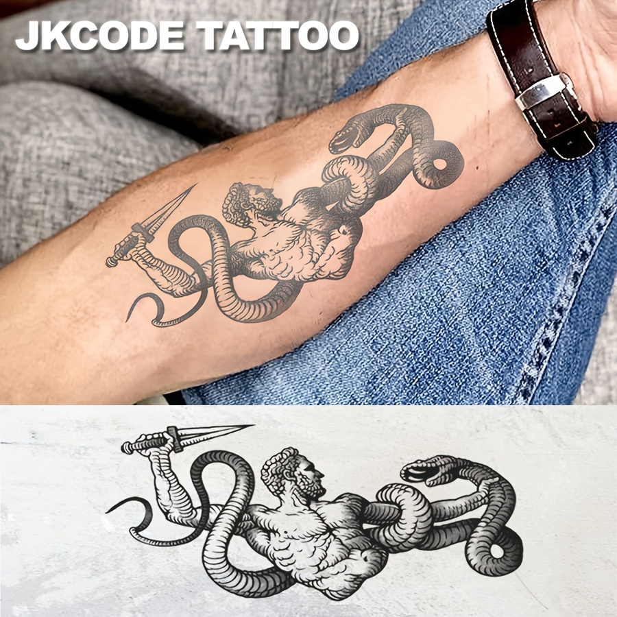 Image of Herbal Tattoo Sticker Cutting Snake Warrior Sword Cool Men's Style Tattoo Hand Foot Large Size Temporary Tattoo Durable Waterproof 15 Days