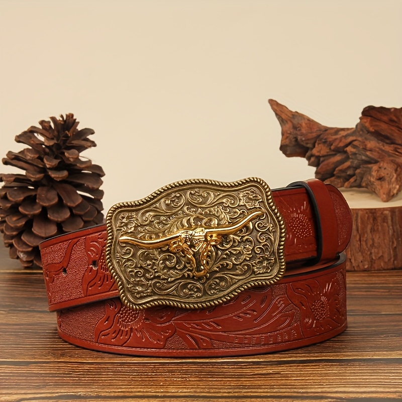 Men's Western Cowboy Belt with Long Horn Buckle