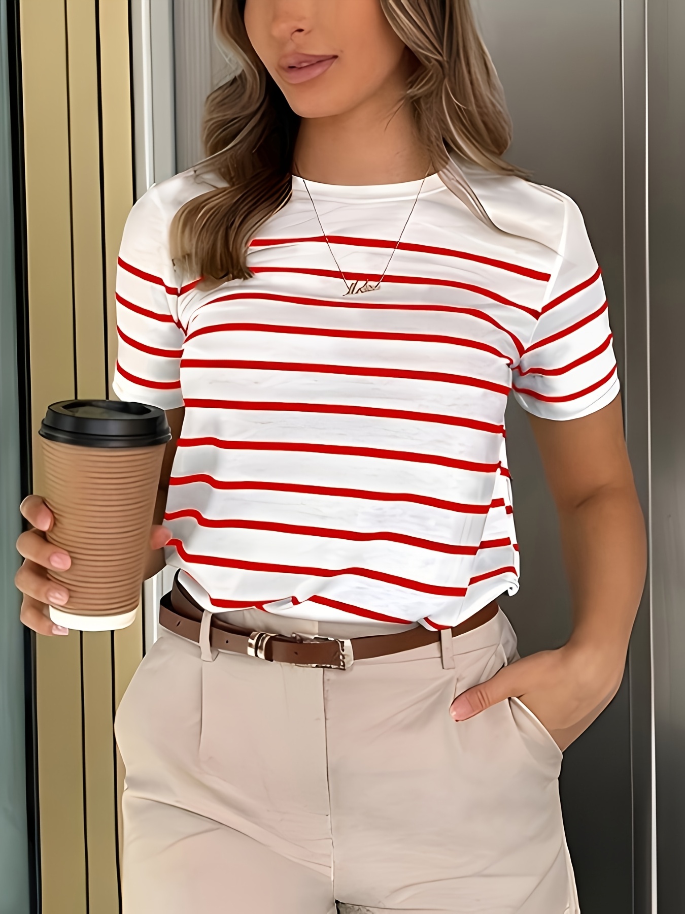 rood wit gestreept t shirt voor dames casual kortarmen trui Temu