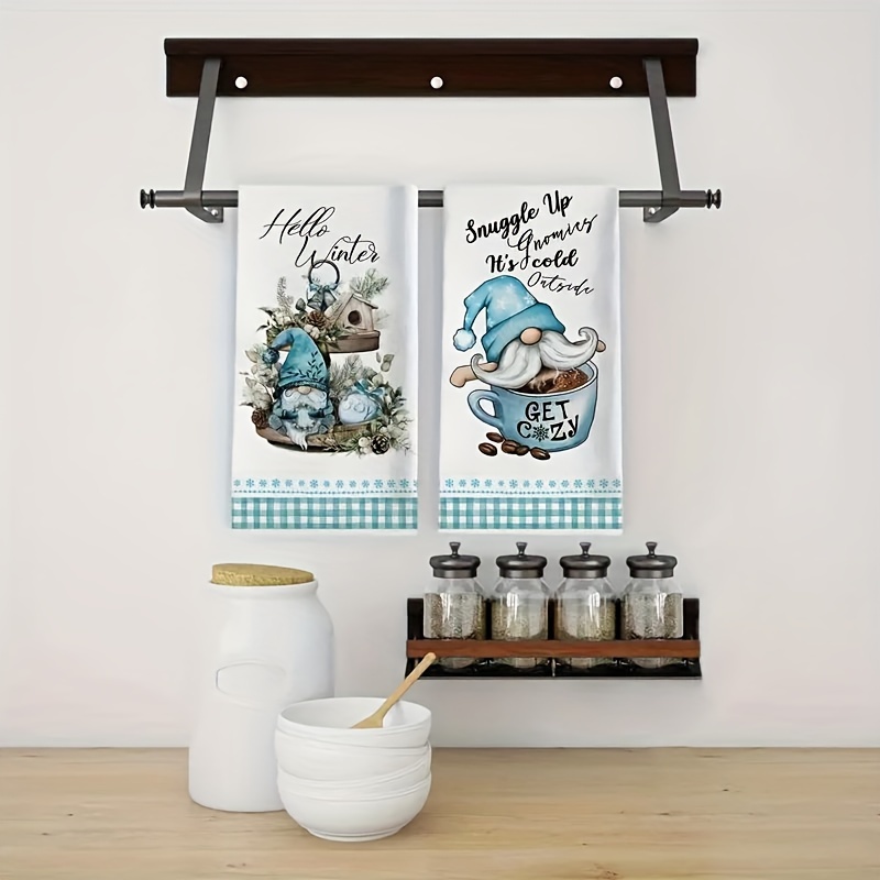 

2pcs Winter Blue Gnome Kitchen Dish Towel, Hello Winter Gnome Joy Snowflakes Hand Drying, Baking, Cooking Cloth, Pine Trees Birdhouse Pine Cone Decor Home Decorations