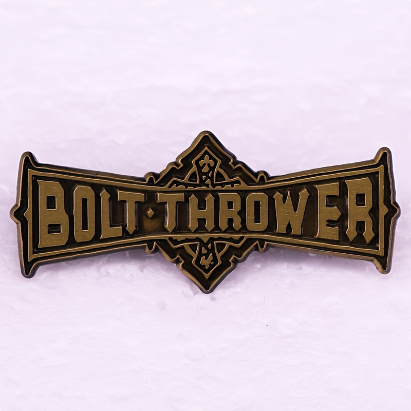 Image of Vintage "bolt-thrower" Rock Band Brooch - Themed Badge With Ornate Border, Fashionable Backpack Accessory, Perfect Gift For Music Enthusiasts