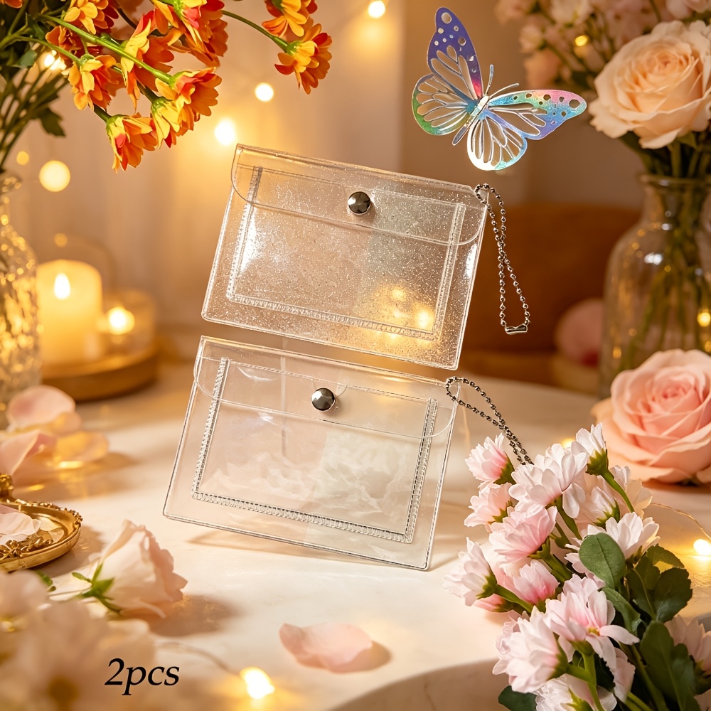 TEMU A Set Of 2 Minimalist And Elegant Transparent Coin Purses With Bead Chains, Including 1 Clear And 1 Glittery Transparent Pouch. Feature A Framed