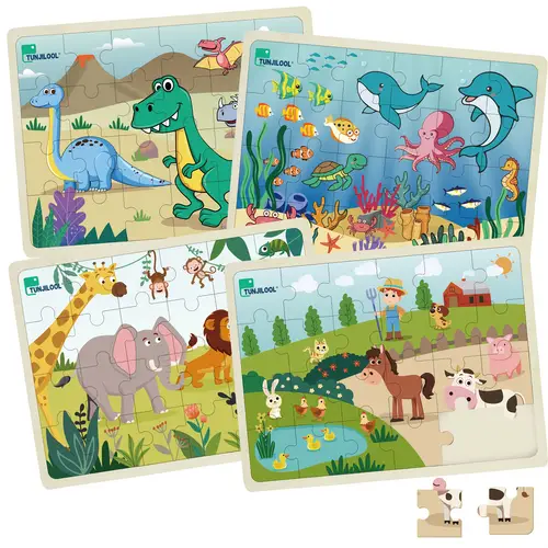 24 small pieces of educational wooden puzzle cartoon animals dinosaur 4 themes simple insertion wooden toys christmas play halloween gift
