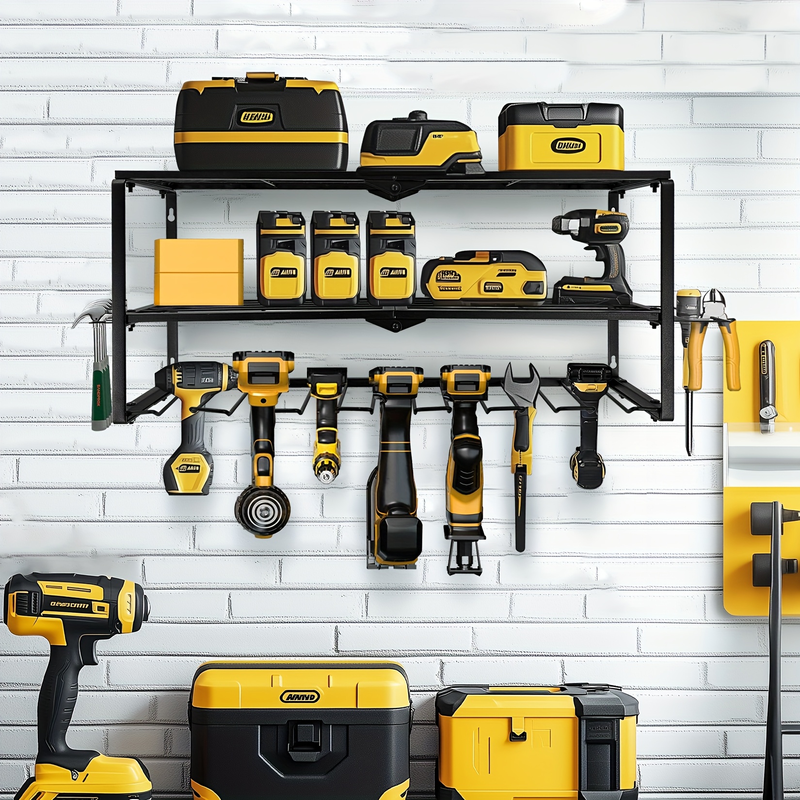 Image of Heavy Duty 3-tier Metal Wall-mounted Power Tool Organizer Rack With Drill Station-like Shelf - Cordless Drill & , Space- Garage/workshop Shelves For , Screwdrivers, Drills (black, ), Storage Racks