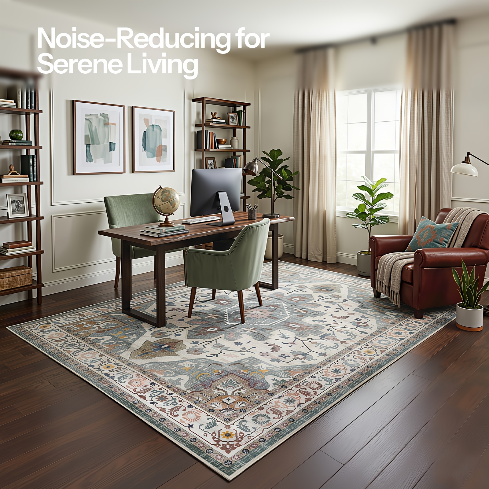Image of 180 Cm Bohemian Style Living Room Carpet, Retro Pattern Short Pile Floor Mat, Easy To Clean, Suitable For Entrance, Kitchen, Bedroom Retro Beige/light Green