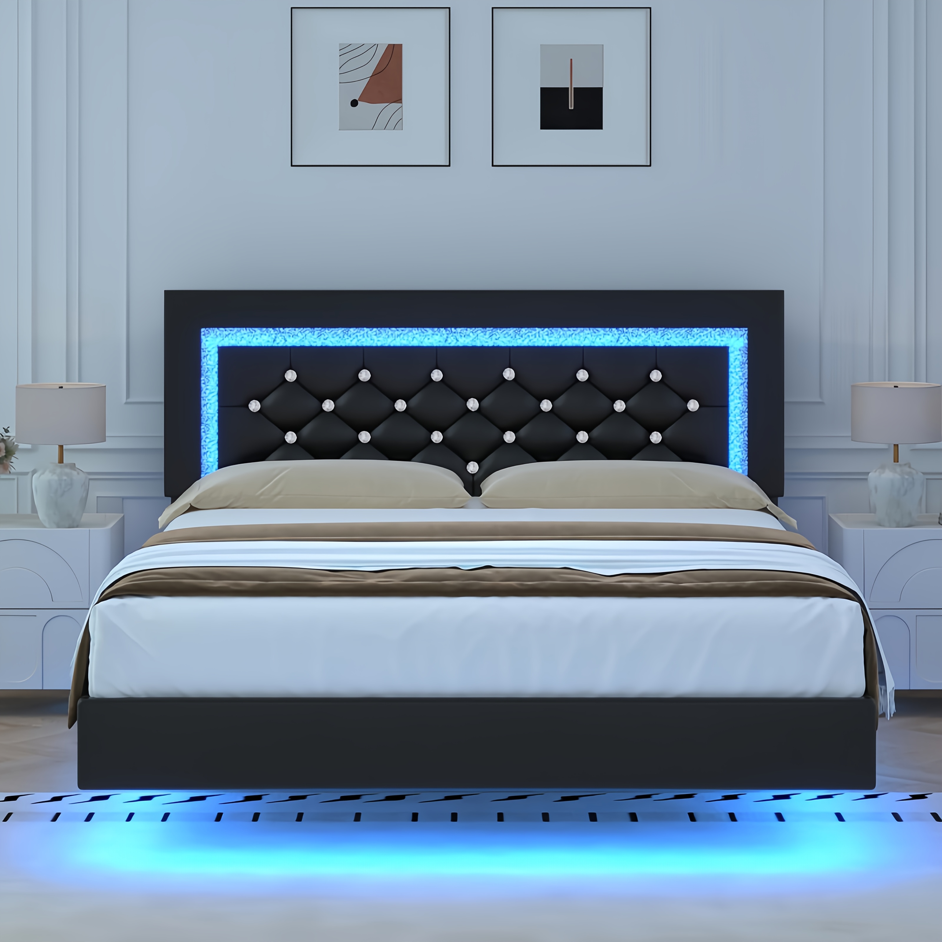 TEMU Twin Full Queen King Size Floating Bed Frame With Led Lights, Upholstered Platform Bed With Diamond Tufted Headboard, Spring Needed, , Easy