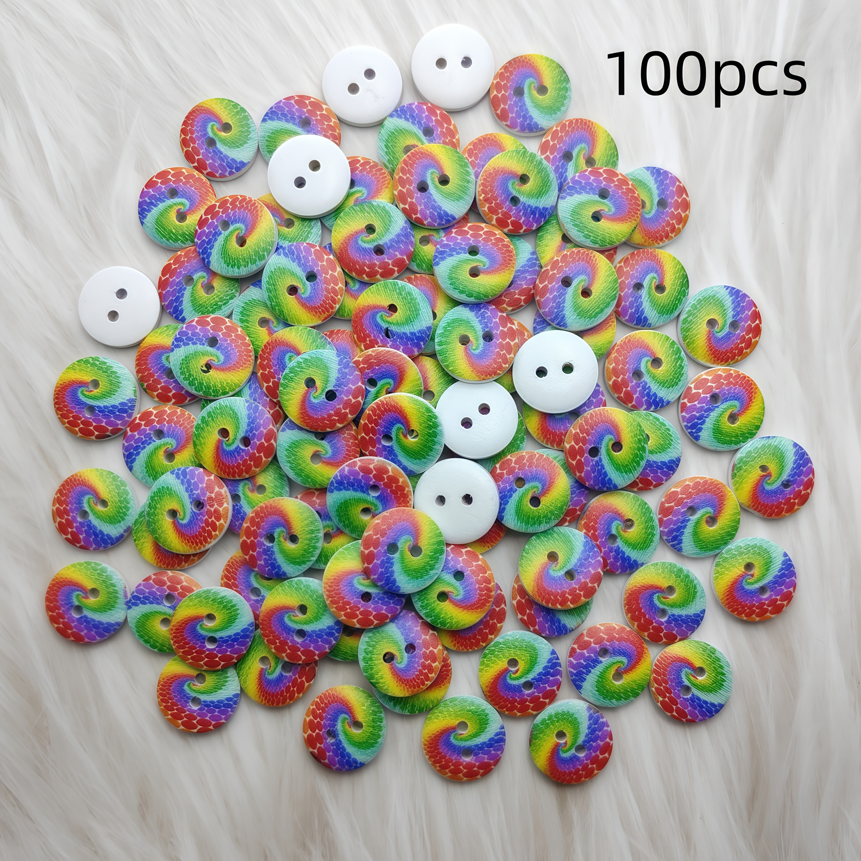 Image of 100pcs Vibrant Rainbow Wooden Buttons - Colorful Swirl Patterns, , Bags, Hats & Party Decor, Festive Room Accents|vibrant Wooden Buttons|durable Wooden Buttons