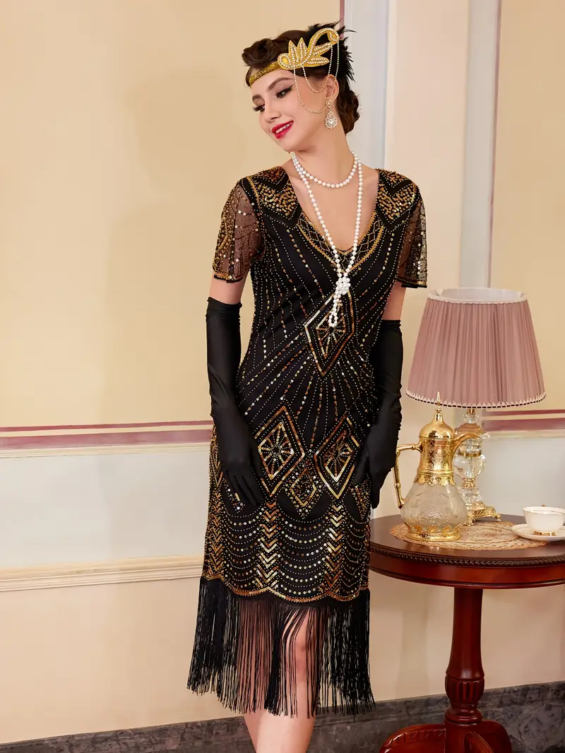plus size sequin flapper dress Zapaka Women Dark Green Sequined 1920s Plus Size Flapper Dress with 20s Accessories Set, Dark Green / 4XL