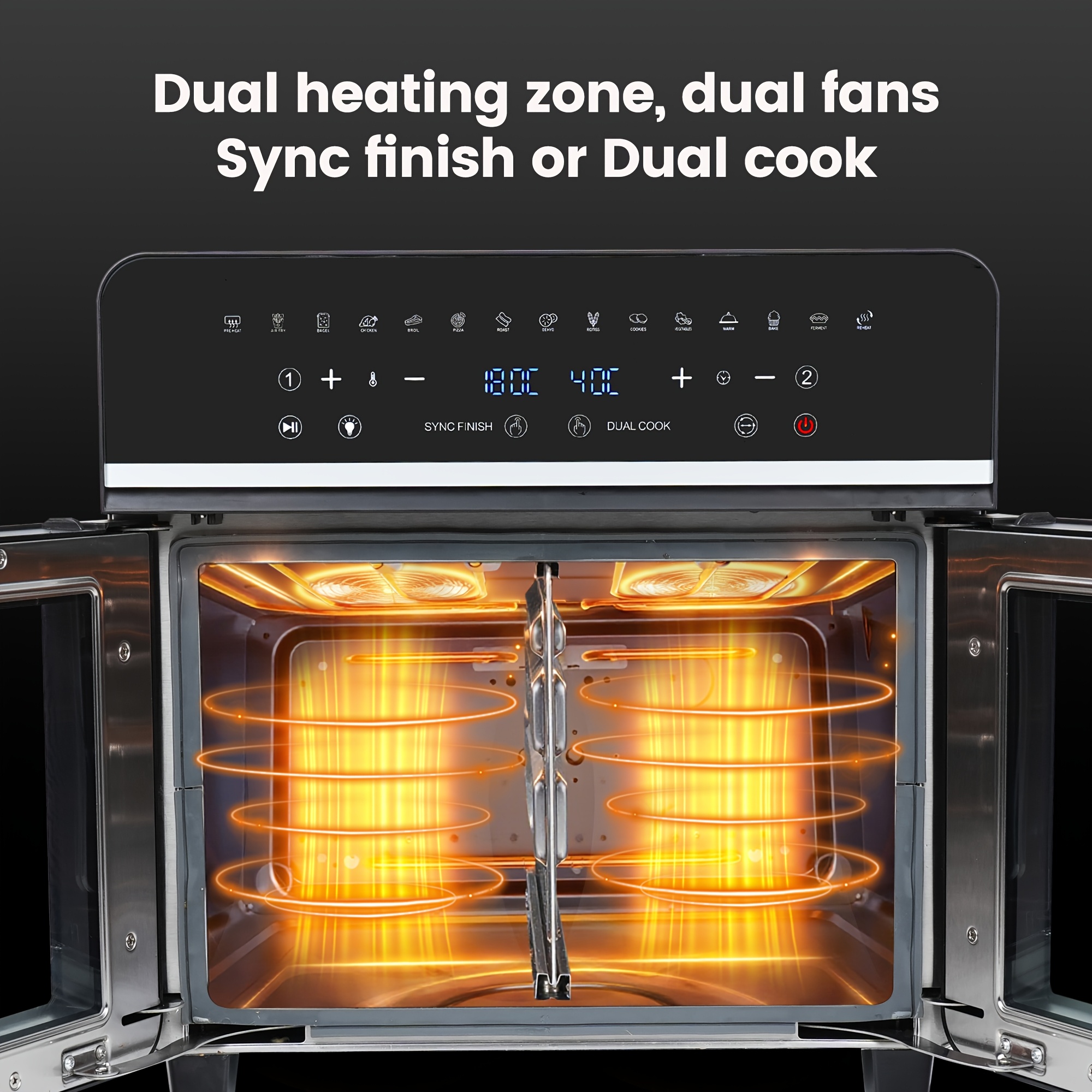 Dubbele Zone Heetluchtfriteuse, 23L Heetluchtfriteuse, XXL Oven 2200 W met LED Touchscreen, 15 Programma's, met Receptenboek, Compleet Set Accessoires