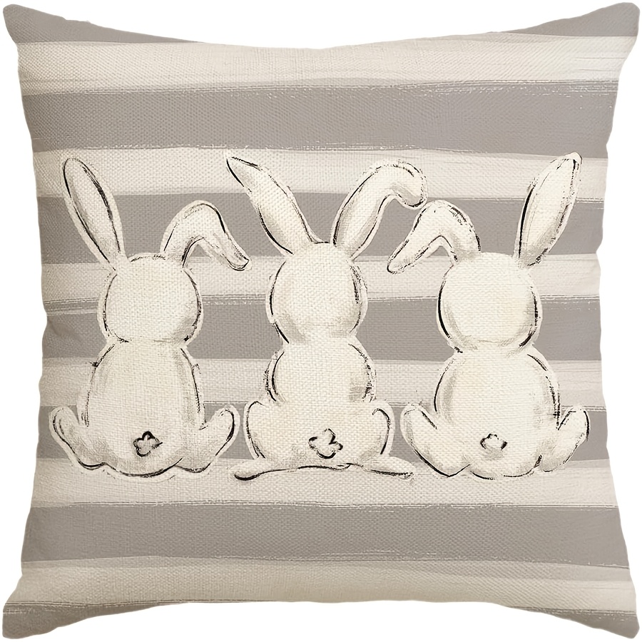 

1pc, Gray Stripes Bunny Easter Throw Pillow Cover, Rabbit Holiday Cushion Case Decoration For Sofa Couch