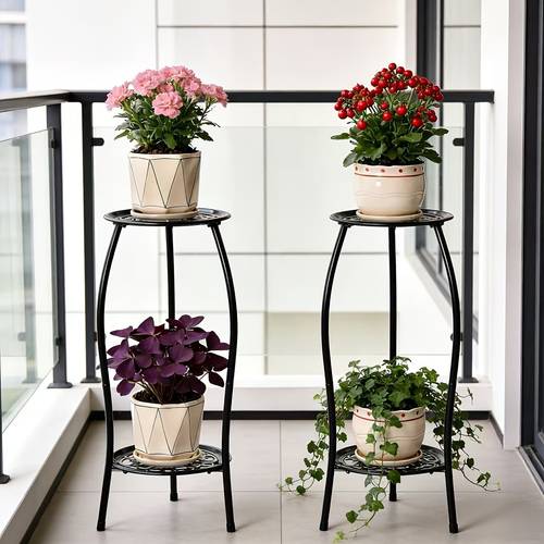 featuring two independent tiers of trays it can hold two potted plants simultaneously has a curved base with support for strong load bearing capacity in black and white it including