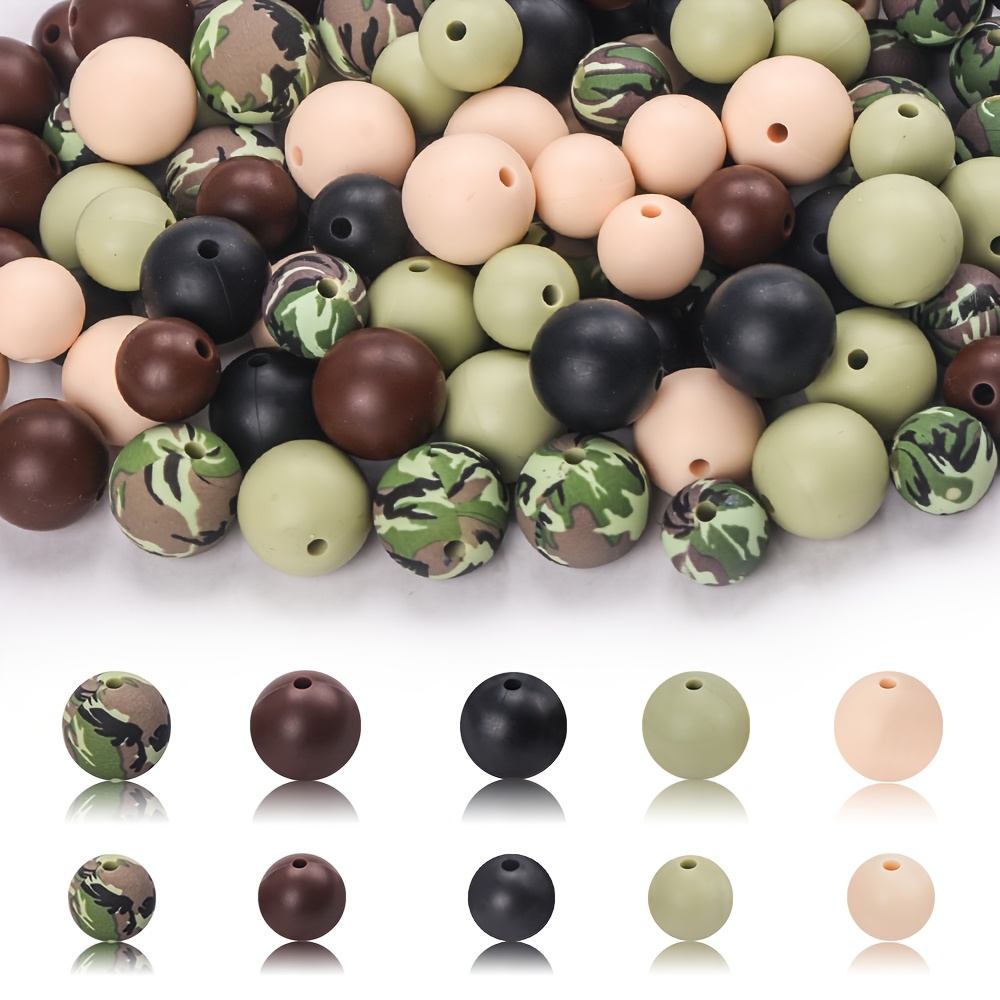 item picture 40pcs fashion decorative silicone 12mm 15mm   green camouflage printing 12mm 15mm solid color round beads multi color mixed random set for handmade keychains beaded pens jewelry bracelets necklaces
