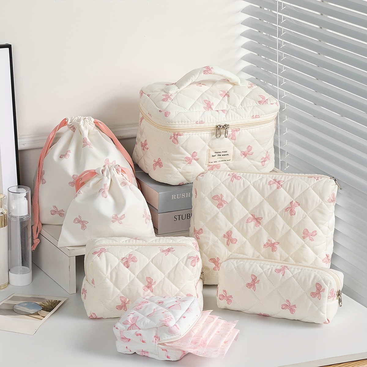 Image of 7pcs Quilted Makeup Bag Set, Large Capacity Travel Organizer, Cute Portable Sanitary Pad Pouch With Coin And Cosmetic Tool Pockets, Perfect Gift For Best Friend Or Mother's Day