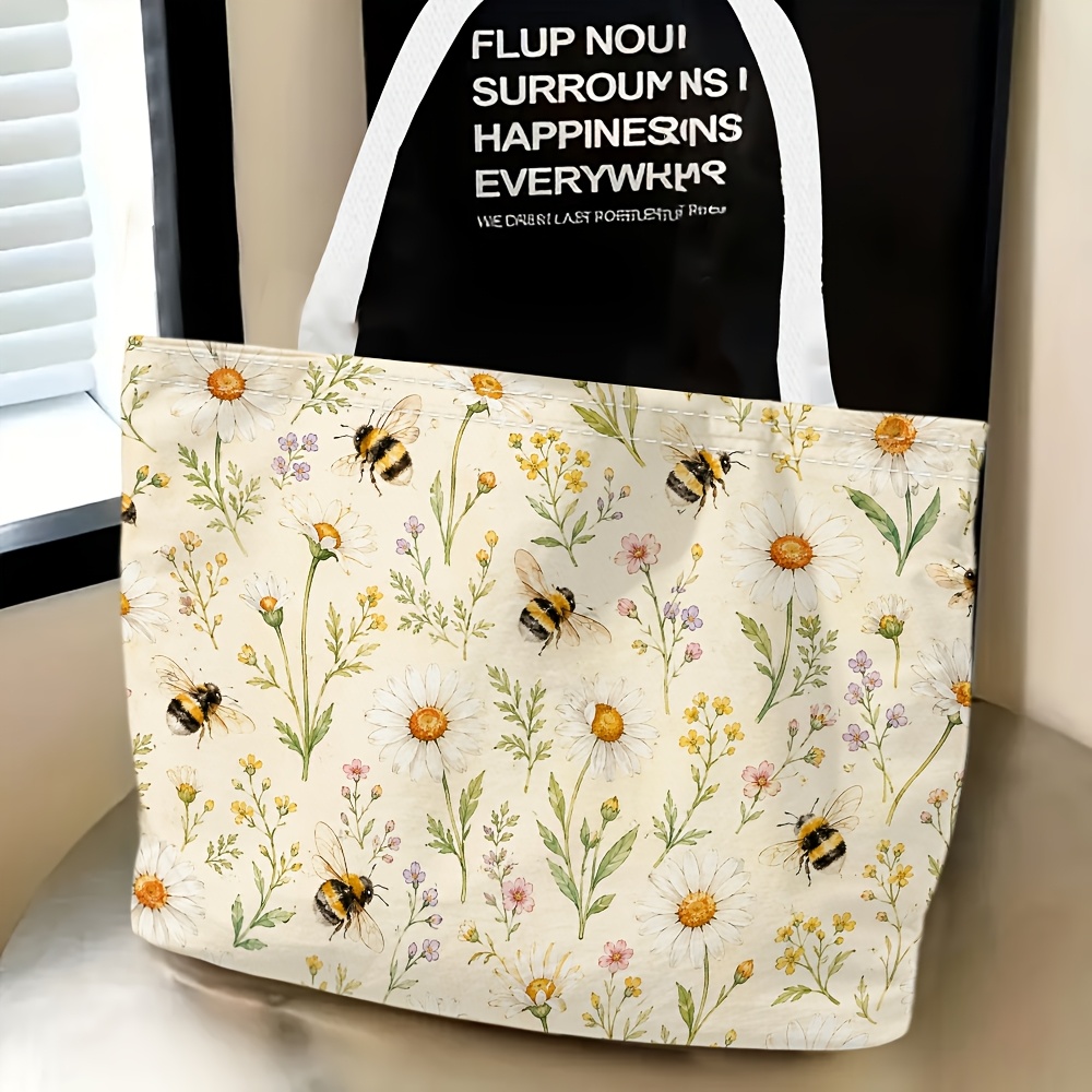 TEMU 1pc, Bee And Daisy Themed Women's Shoulder Bag, Multi-functional, Tote Bag, Clutch, Evening Handbag, Travel Essential, Fashionable And Casual,