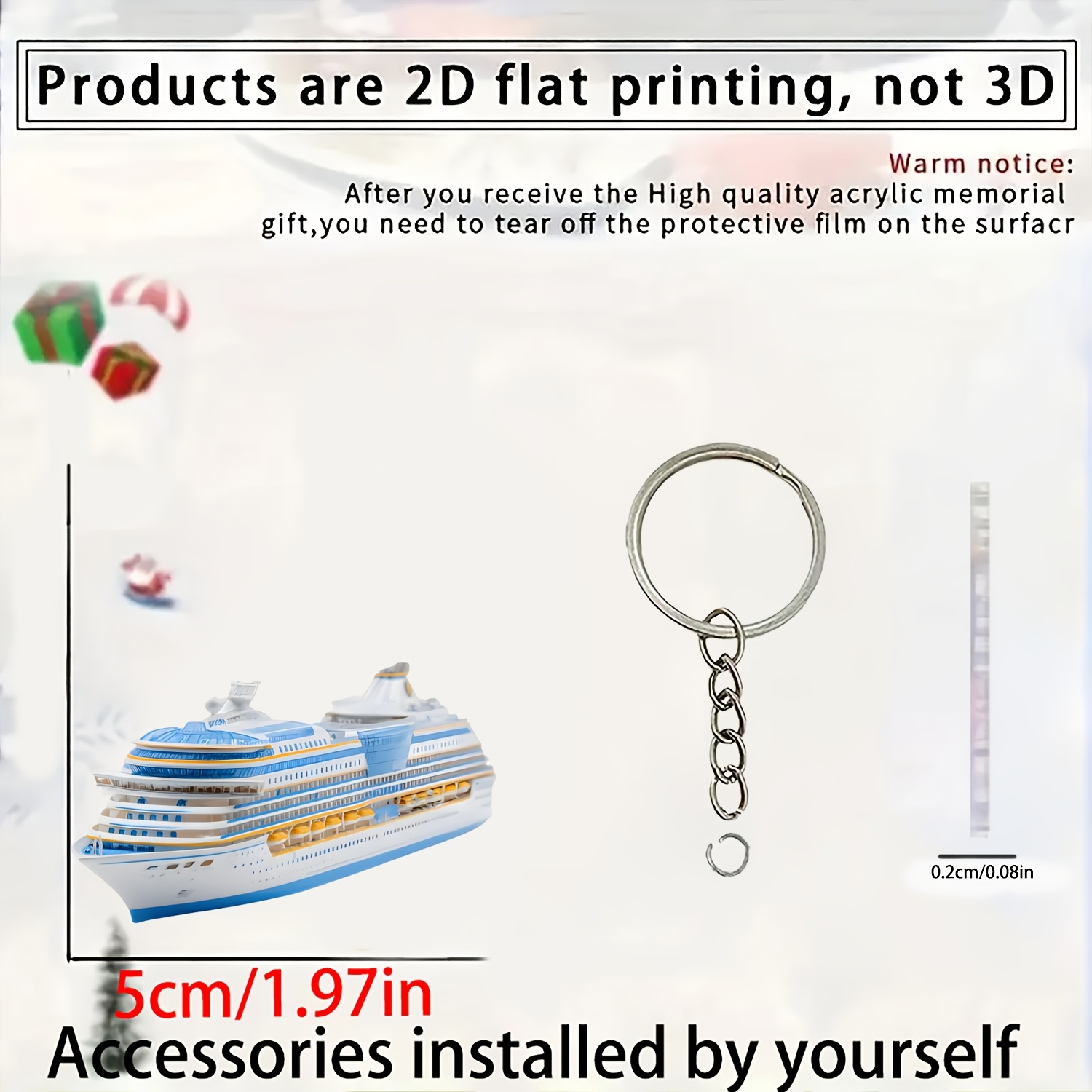 TEMU 2d Flat Blue White Luxury Cruise Ship Flat Acrylic Keychain, Double-sided Printed Metal Key Ring, Ocean Liner Backpack Pendant, Car Key Ornament