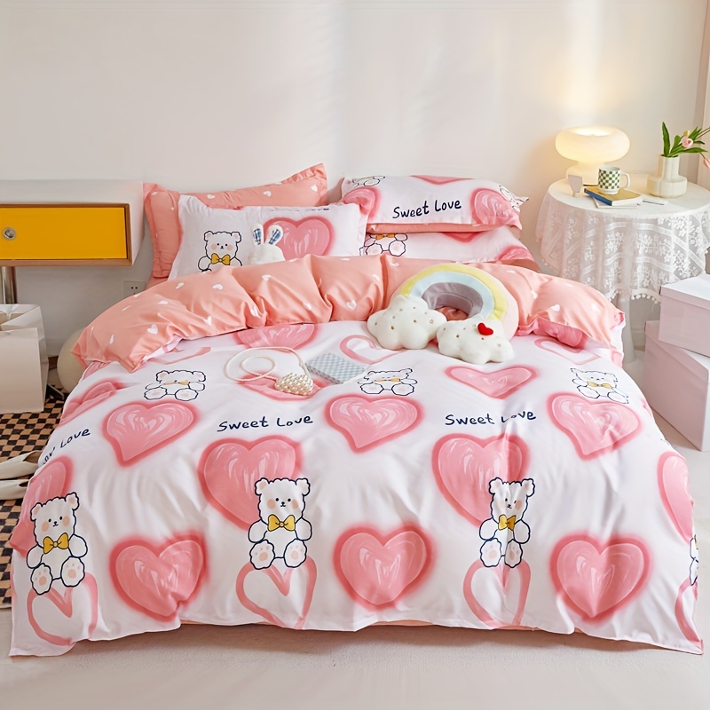 

4pcs/set Duvet Cover Set (1*duvet Cover + 2*pillowcase+ 1 Flat Sheet), Without Core, Pink Bear Print, Bedding For All Seasons, Bedroom Guest Room Accessories, Fresh And Skin-friendly Bedding Set