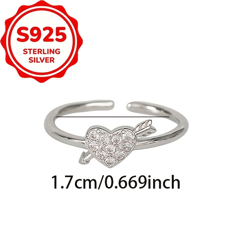Women's S925 Silver Zirconia Arrow Through Heart Open Ring