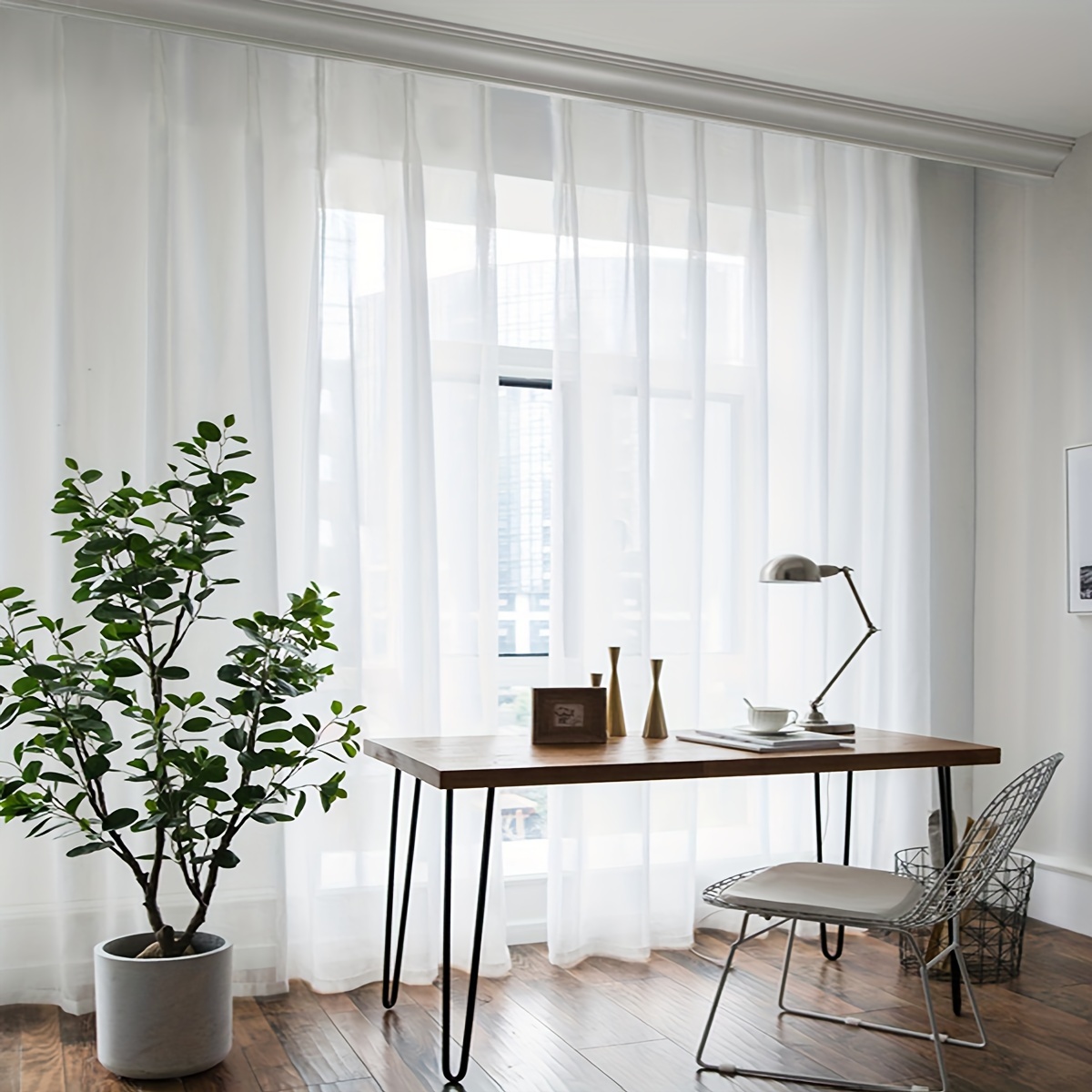 2pcs White Sheer Curtains With Pattern - Modern Minimalist Style, Rod For Living Room & Bedroom Decor