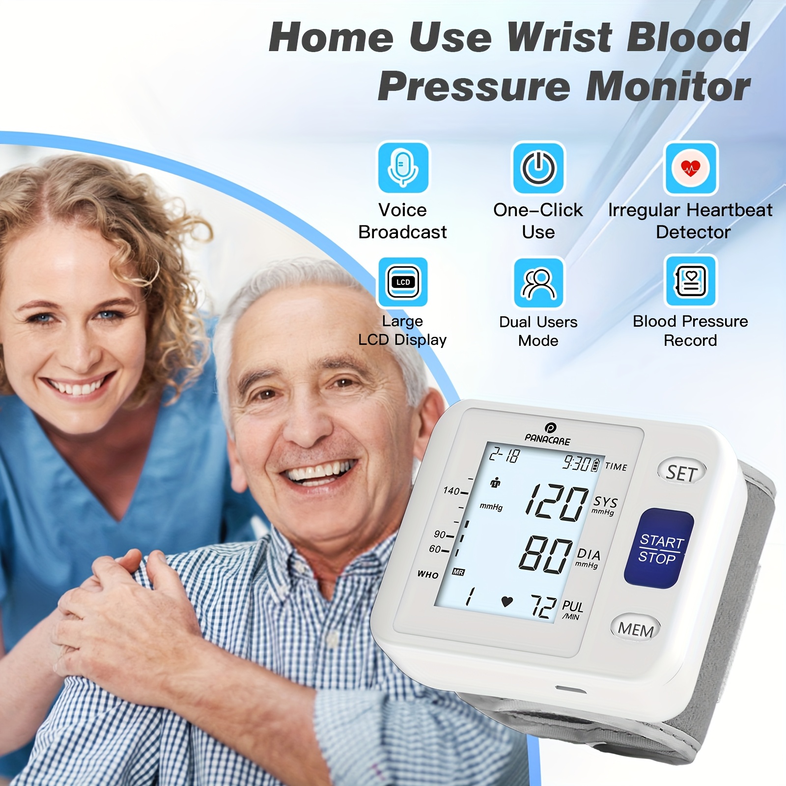   fully automatic wrist   with lcd display adjustable cuff   detection and irregular heartbeat alarm battery powered usb powered blood pressure measurement   display Product details 3