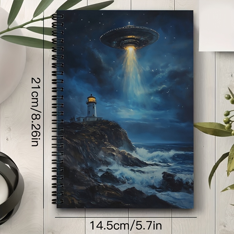 TEMU 1pc Mysterious Ufo And Lighthouse Starry Night Art A5 Spiral Notebook, Black Spiral 24-hole Binding, 50 Sheets 100 Pages, Size 21×14.5cm, For