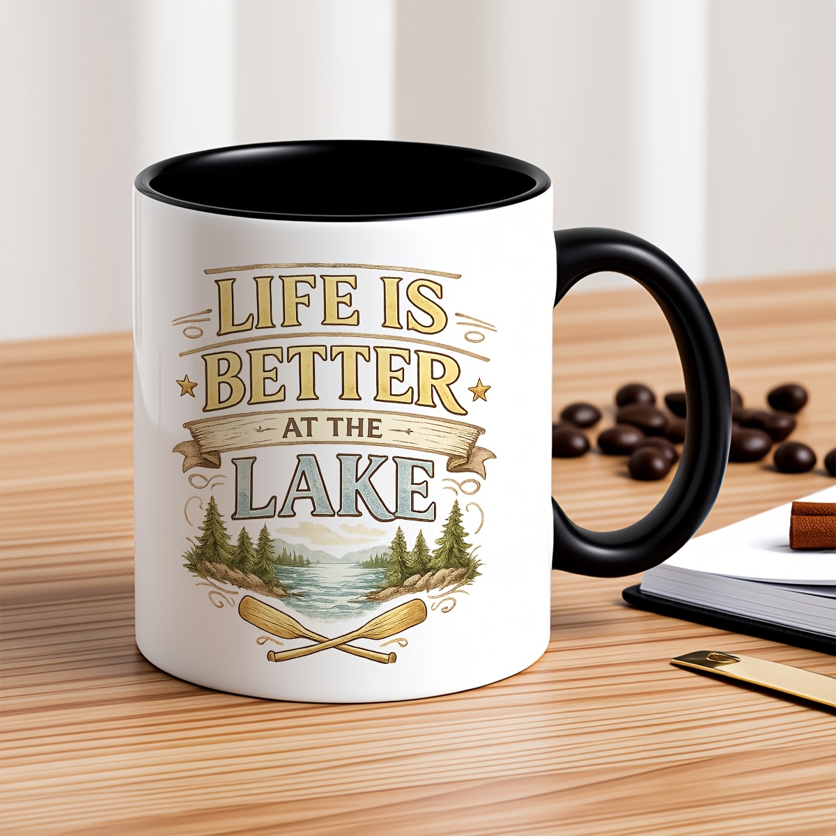 빈티지   at the lake 인용구와 풍경 호수 나무 바퀴 디자인의 영감을 주는 11oz 세라믹 머그 - 생일, 아버지의 날, 집들이, 데일리 커피 또는 티 컵, 세라믹 음료 용품 선물로 여행 애호가를 위한 완벽한 선물