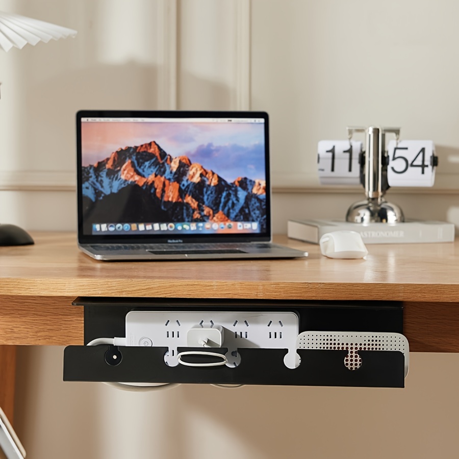 

1pc Sleek Black Plastic Under-desk Cable Organizer - Punch-free, Space-saving Holder With Cord Management Slots For A Tidy , Desk