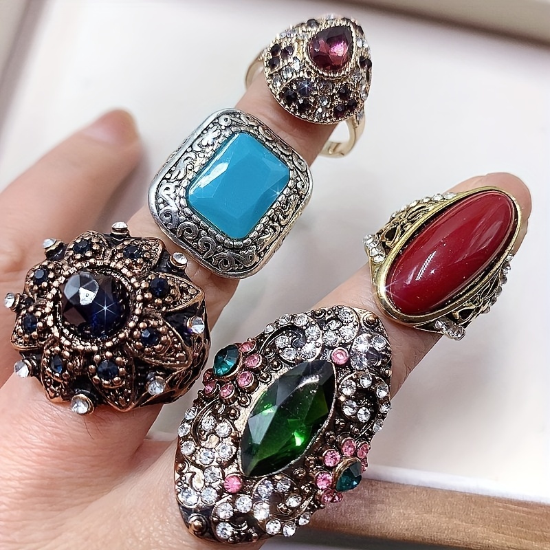 10 pack vintage exaggerated synthetic turquoise alloy rings luxury ethnic style assorted pairs heart shaped synthetic stone alloy no power required for party wedding valentines day   accessory jewelry   assorted op bag packaging details 7