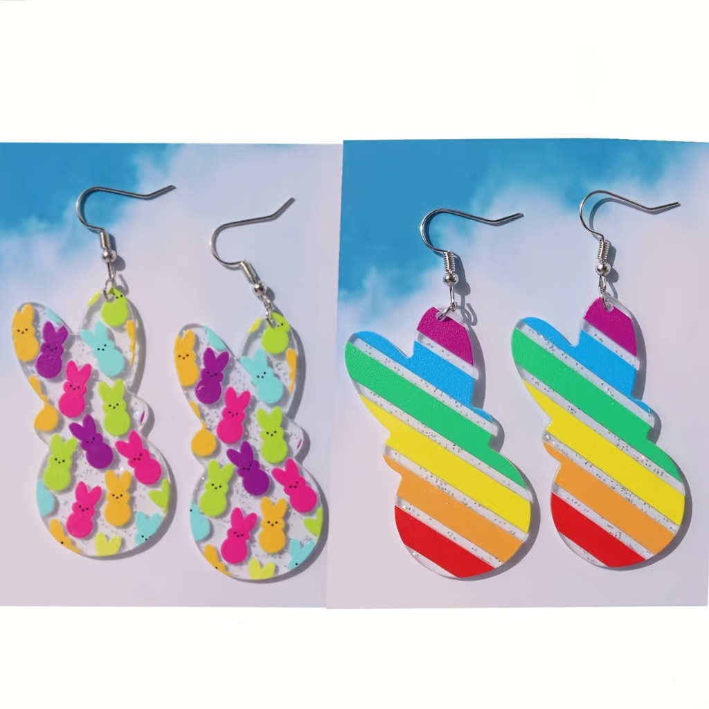 TEMU Easter Bunny Earrings For Women, Cute Acrylic Dangle Drop Earrings With Cartoon Style Double-sided Rabbit Print, Holiday Themed Fashion Jewelry For Daily & Gift , Accessory