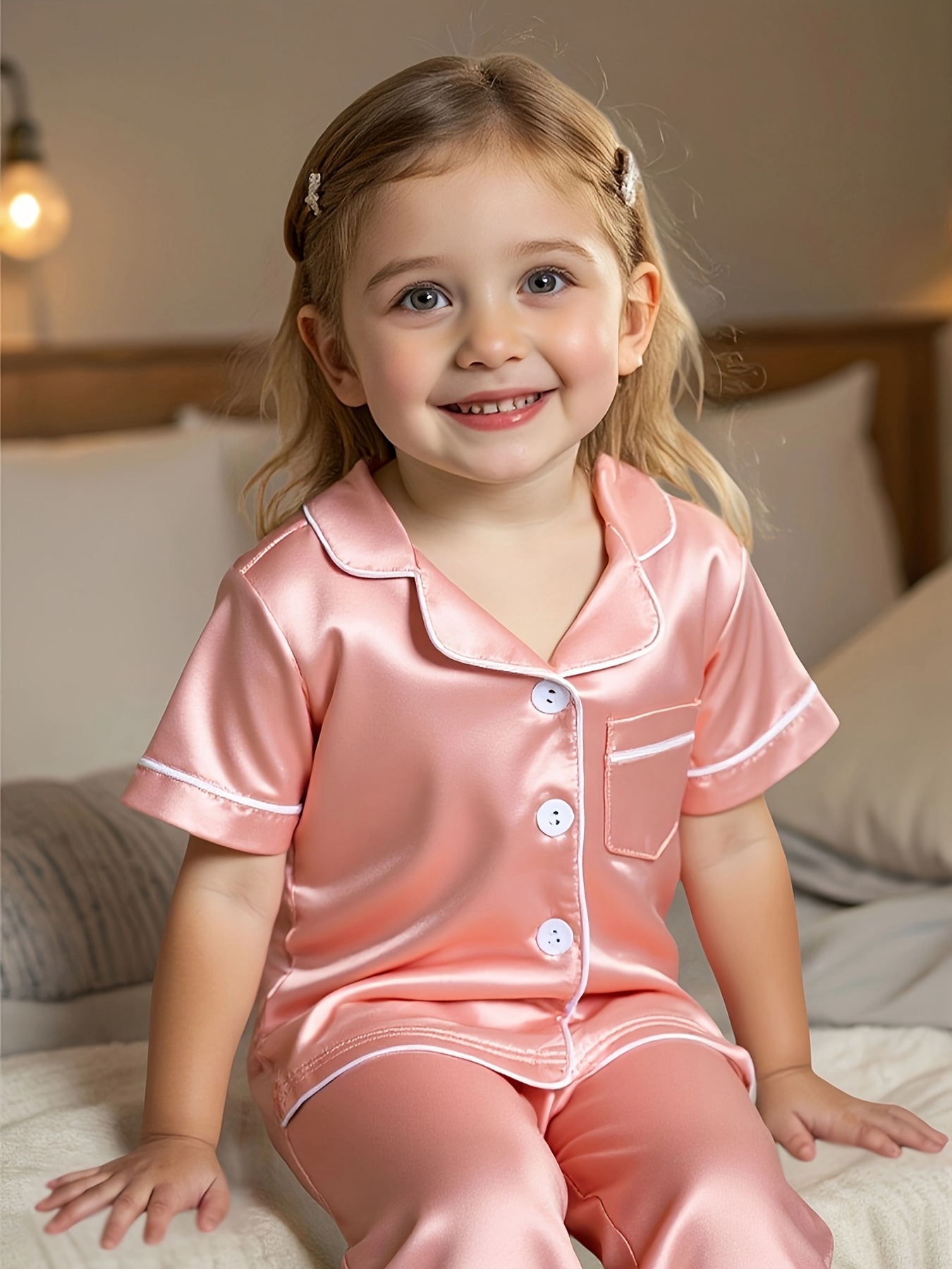 Kinder Satin Schlafanzug Set - Langarm Pyjama Mit Knöpfen 2-teilig