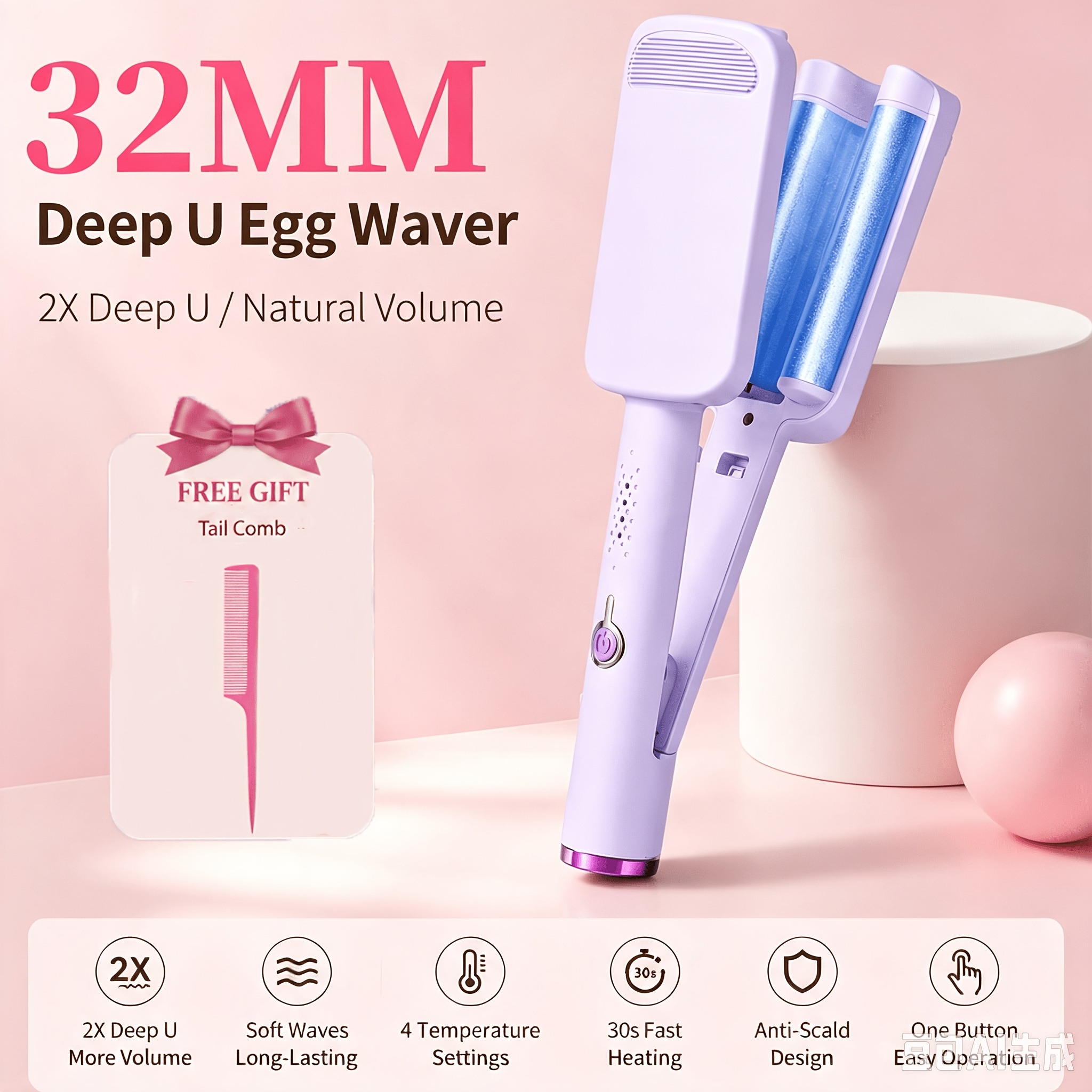 TEMU Fer à Boucler en Céramique Egg Wave - Rapide pour des Boucles Ondulées Moelleuses, en Salon et à Domicile, Meilleur Cadeau pour Femmes, Maman,