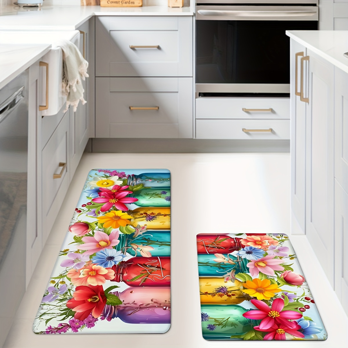 

1pc/2pcs, Spring Flowers Kitchen Mats, Non-slip And Durable Bathroom Pads For Floor, Comfortable Standing Runner Rugs, Carpets For Kitchen, Home, Office, Laundry Room, Bathroom, Spring Decor