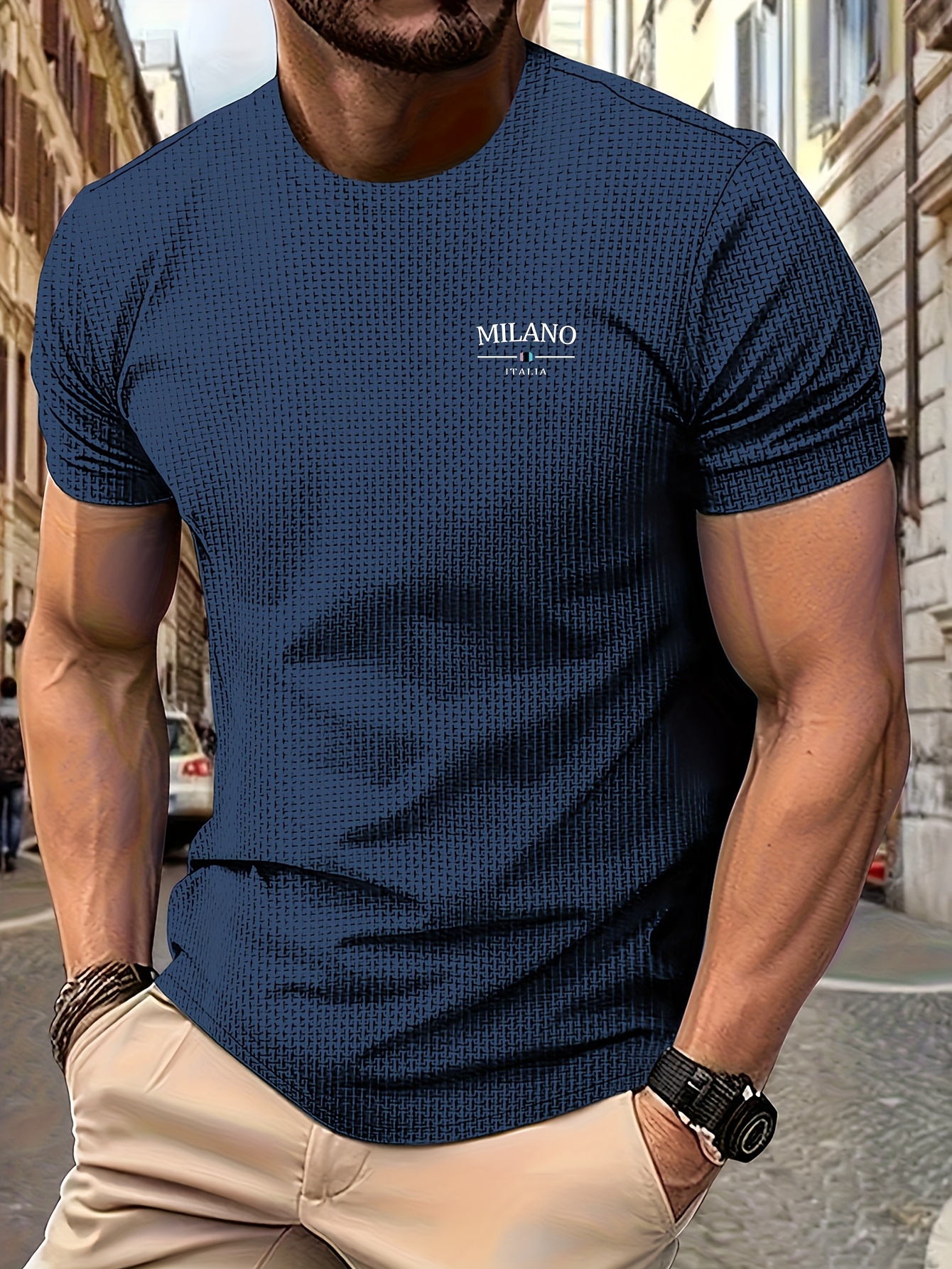 Men's Milan Print Short Sleeve Crew Neck T-Shirt, Breathable Nylon Blend, Comfortable Casual Top for Summer Outdoor Activities & Tennis Training