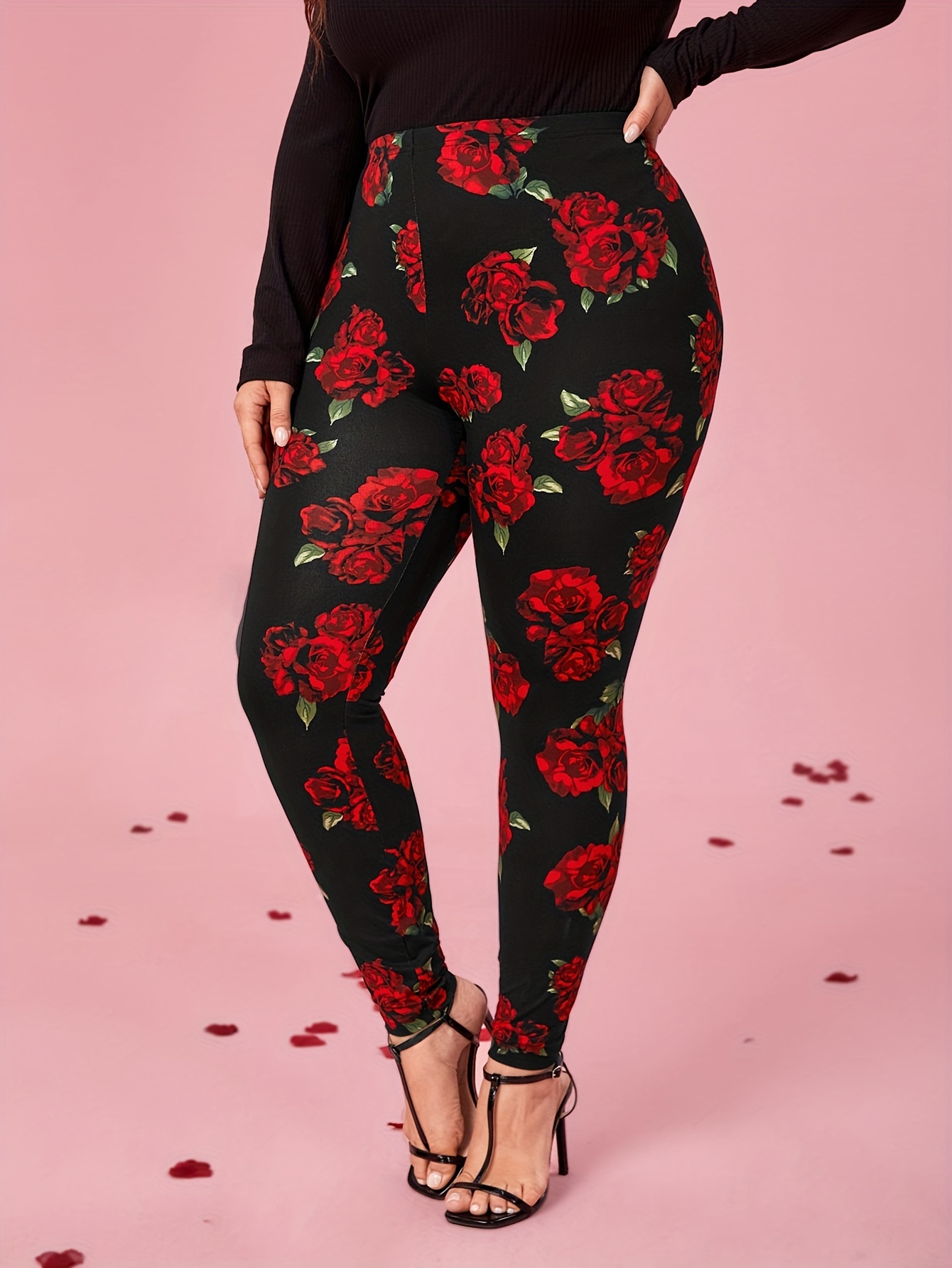 plus size floral print skinny leggings casual every day stretchy leggings womens plus size clothing black 2