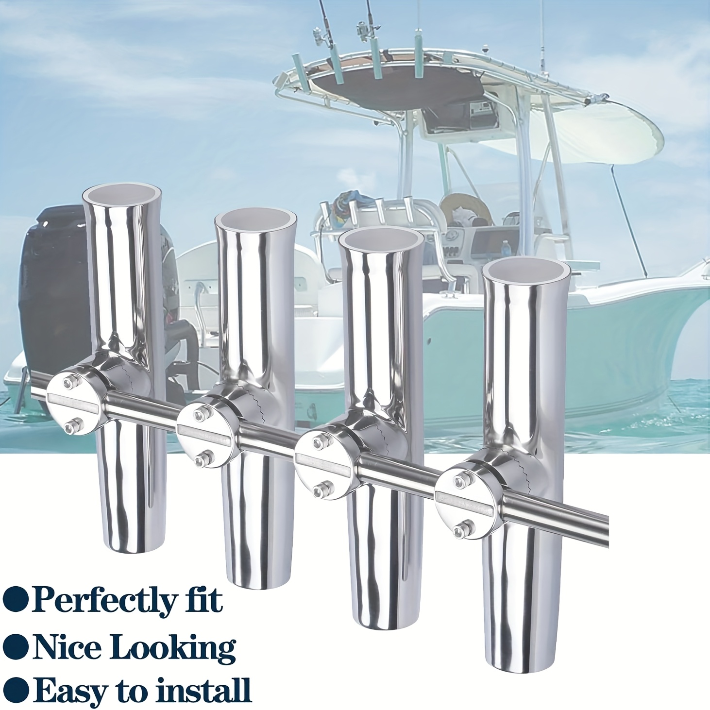 item picture Set of 2, Boat Fishing Rod Holders in Tournament Style, Made of 316 Stainless Steel, Designed to Clamp Onto Rails Measuring 7/8" to 1", Featuring a 360-Degree Adjustable Design