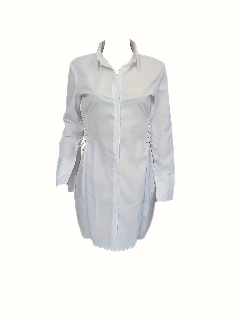 Elegant White Lace-Up Shirt Dress for Women - Long Sleeve, High-Neckline, Knee-Length with Side Slit, Machine Washable * Chic Style, Casual Elegant White Lace-Up Shirt Dress for Women - Long Sleeve, High-Neckline, Knee-Length with Side Slit, Machine Washable * Chic Style, Casual