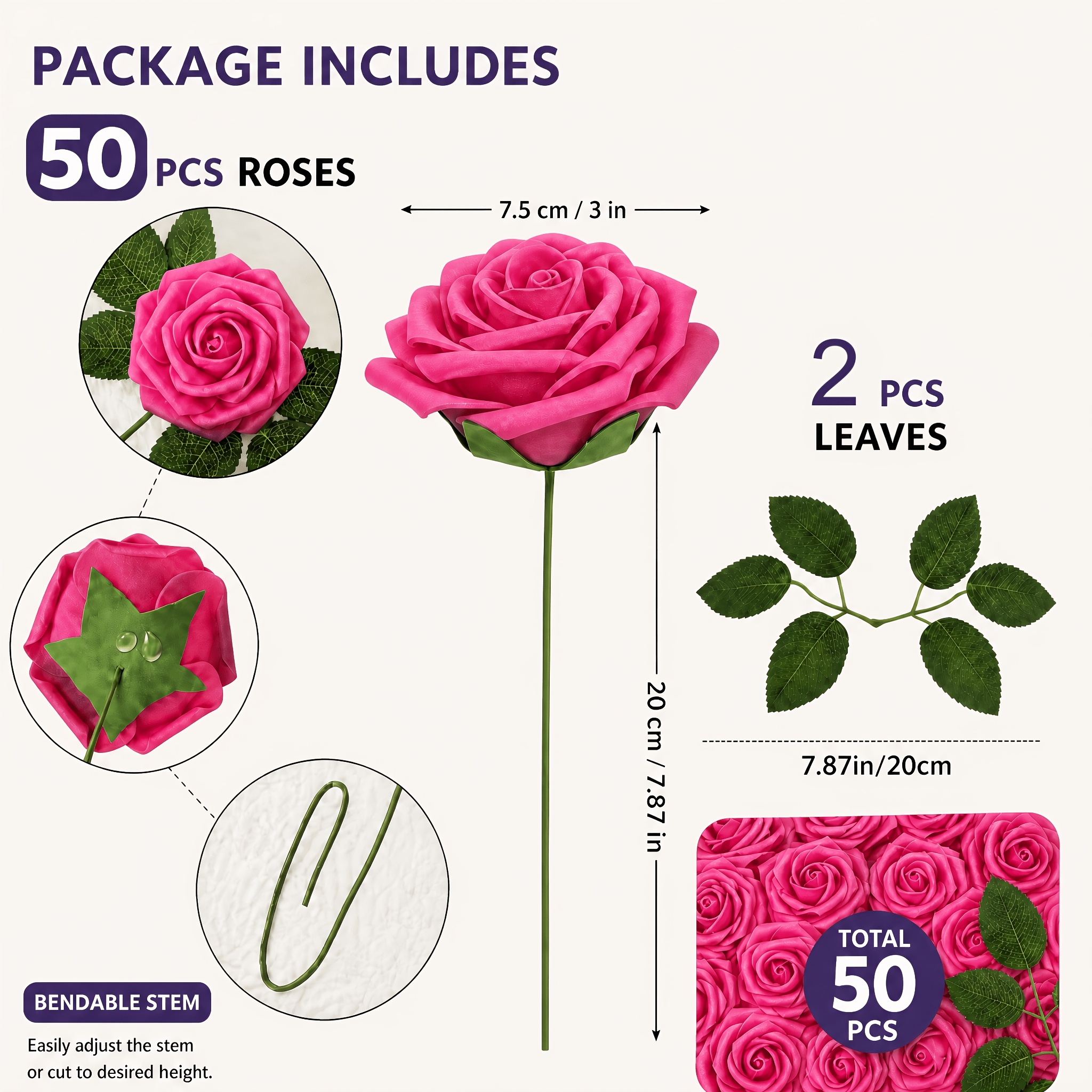 TEMU 52 pièces/50 tiges de roses avec 2 feuilles, roses artificielles en matériau PE souple, adaptées pour bouquets de mariage, décorations de fêtes,