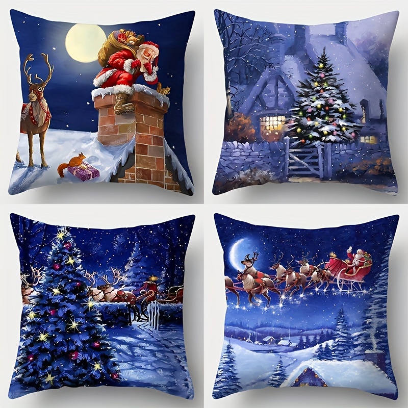 

Contemporary Christmas Throw Pillow Covers Set Of 4, 17.7x17.7 Inch, Santa & Reindeer Sleigh, , Hand Washable Zippered Polyester Cushion Cases For Living Room Sofa Decor, Without Inserts