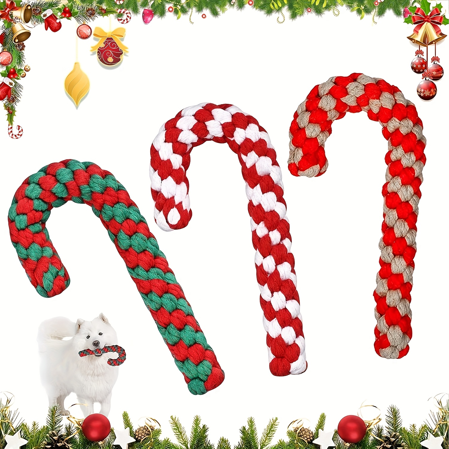 TEMU 3pcs Dog Chewable Toys, Dog Leash Toys, Christmas Candy Cane Ropes, Christmas Dog Toys, Christmas Dog Pet Chewable Toys, Candy Cane Dog Toys,