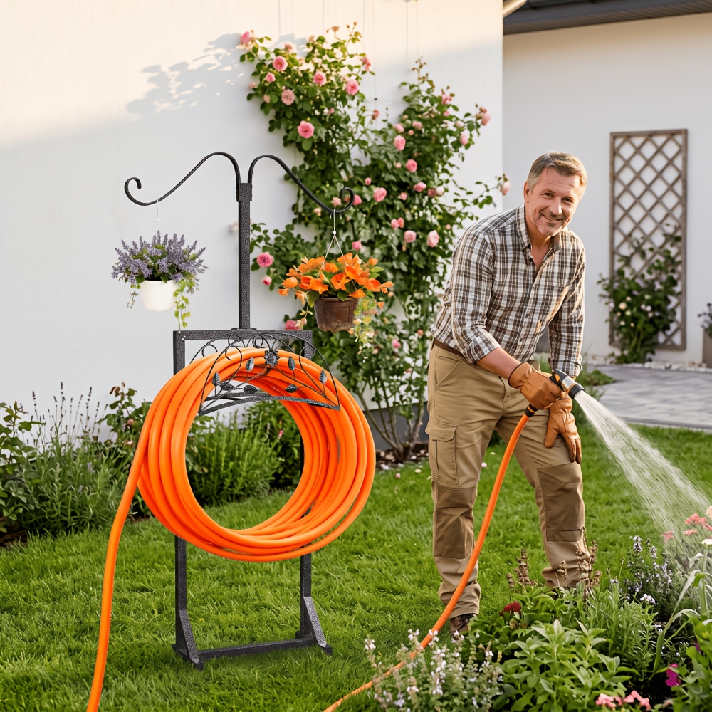TEMU 1pc Heavy Duty Freestanding Garden Hose Holder Stand With 4 Spikes And 2 Shepherds Hooks Water Hose Hanger Storage Rack For Outside Yard Lawn