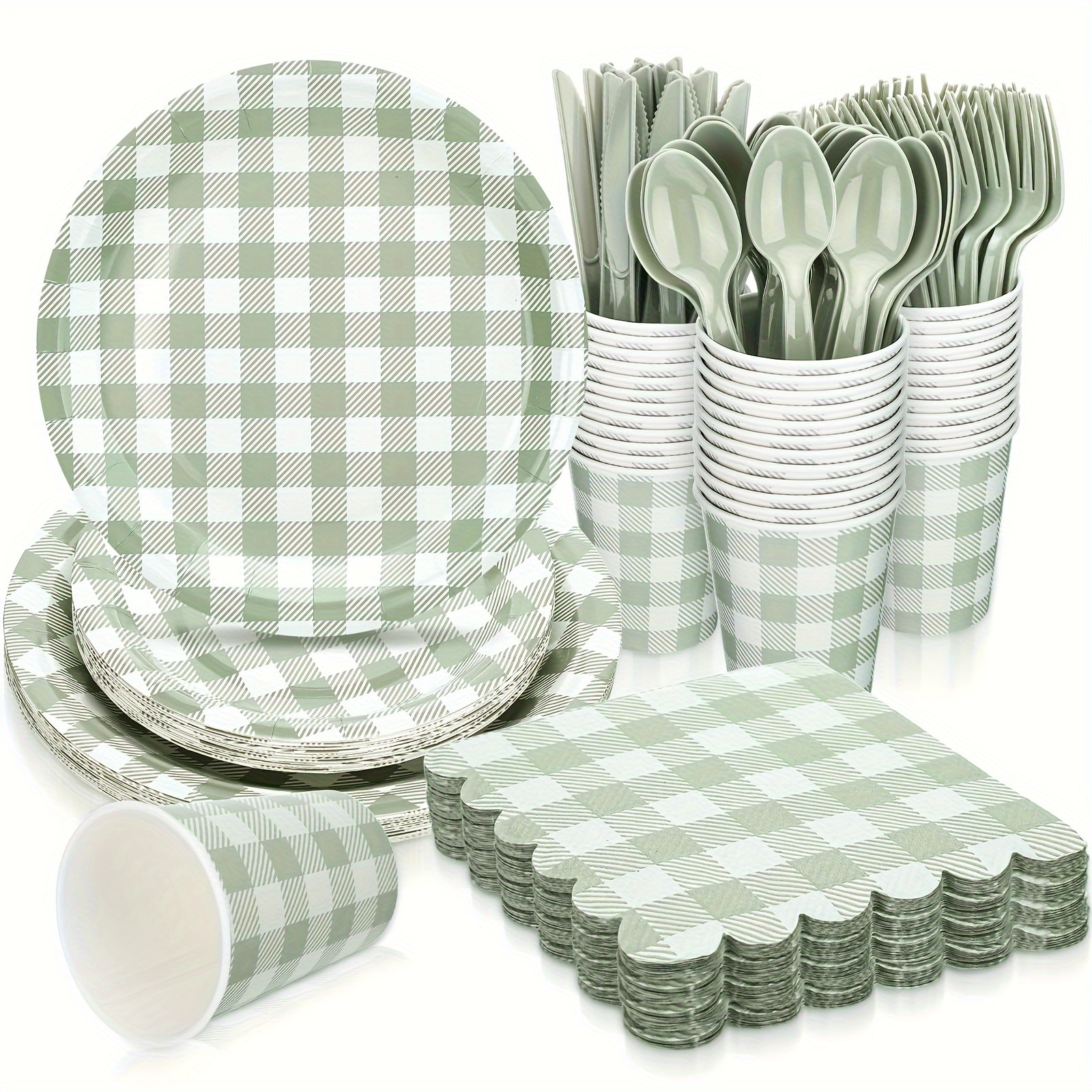 

168 Pcs Gingham Party Supplies For 24 Guests Paper Plates Knives Spoons Forks Napkins Cups Disposable Party Supplies Set Cutlery For Checkered Dinner Wedding Party Favor (sage Green)