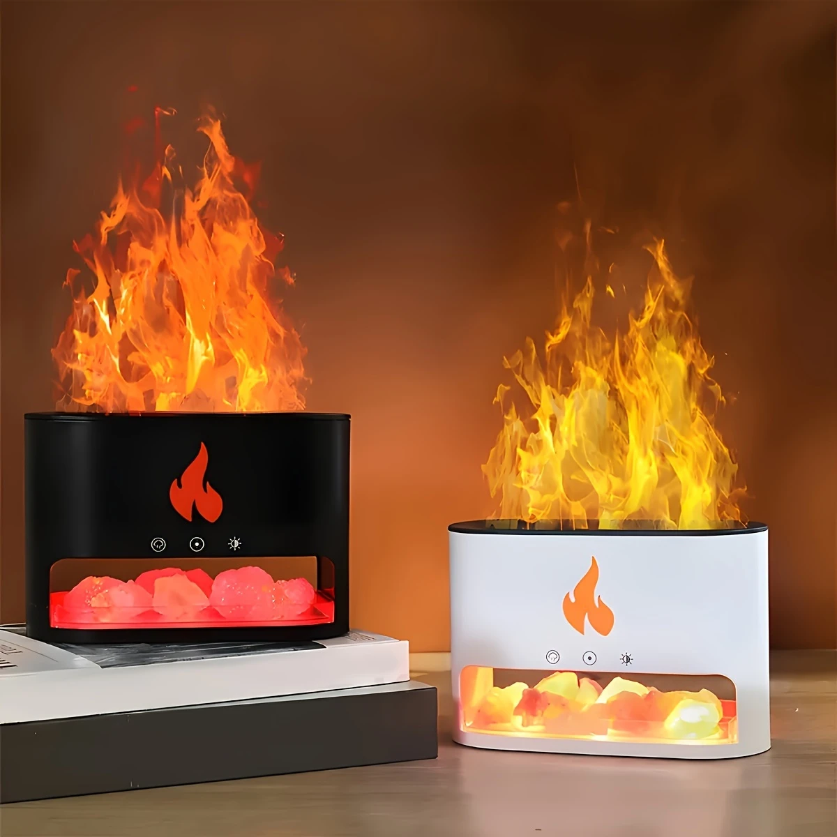 salt stone humidifier aroma diffuser with high fog volume usb powered simulated flame color changing night light essential oil diffuser for office desktop gift 1pc details 0