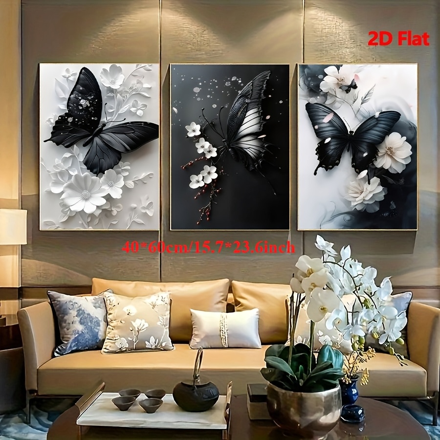 E-shop 2D Flach, 2D Flach, 2D Flach Set mit 3 künstlerischen Postern mit einem schwarzen Schmetterling und floralem Design, für Wanddeko in