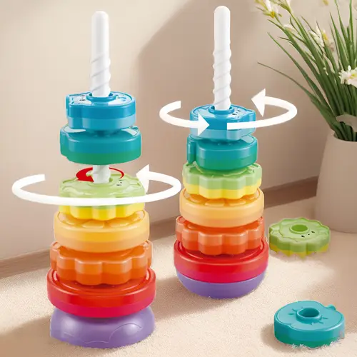 1 set of colorful stacking and rotating towers toy with oscillating base colorful rings animal and toddler and baby learning stacking game