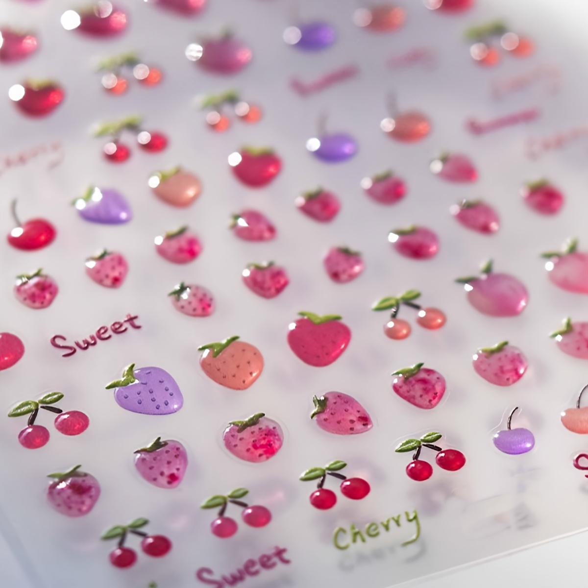 1 Sheet Cute Nail Stickers Glossy With Sparkling Juicy Strawberry & - Irregular Fruit Nail Decals For Diy Manicure, For Women Gift, Polyurethane Nail Art Decorations
