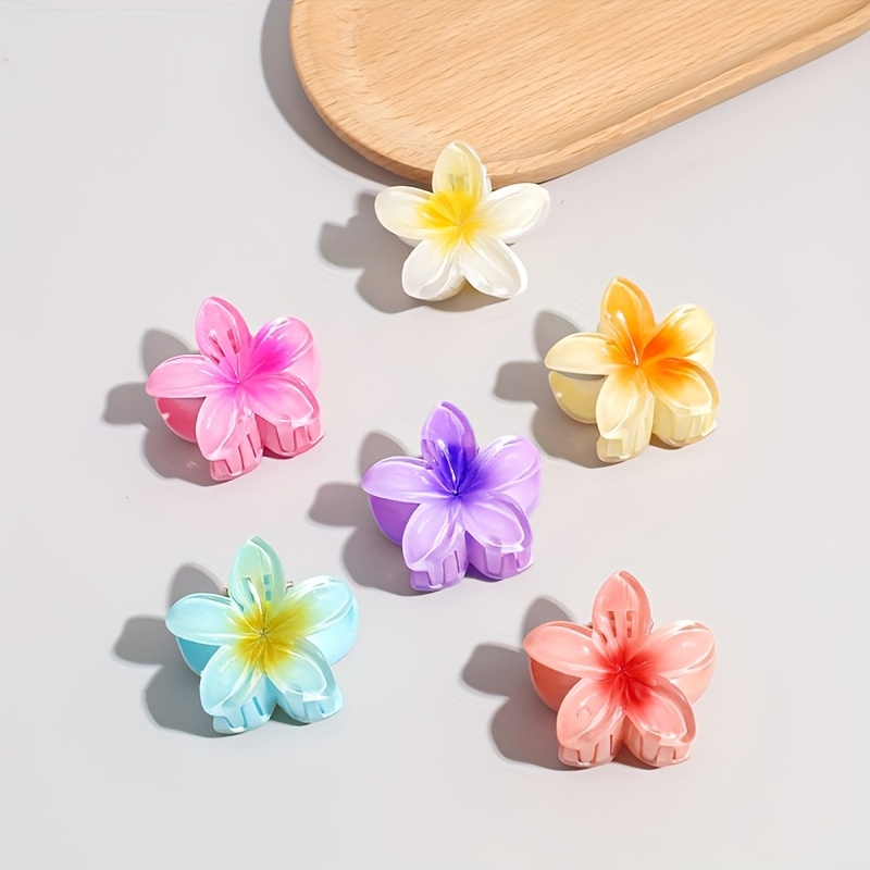 

6 Sets Elegant Minimalist Plastic Frangipani Flower Hair Clips With Shark Clips - Assorted Colors, Small Size, Color Matching Design, Ideal For Birthday Festivals - Floral Hair Accessories