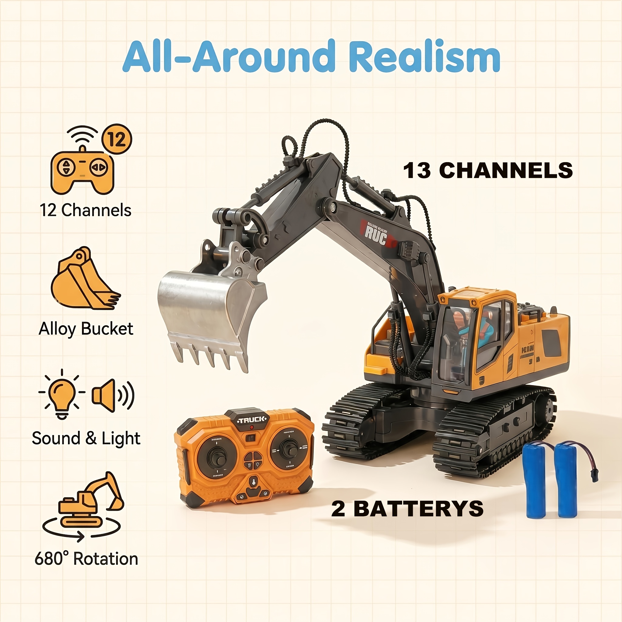 Dual Battery 13 Channels Yellow Remote Control Construction Vehicle, Excavator Perfect Gift For Kids Birthday Halloween Christmas