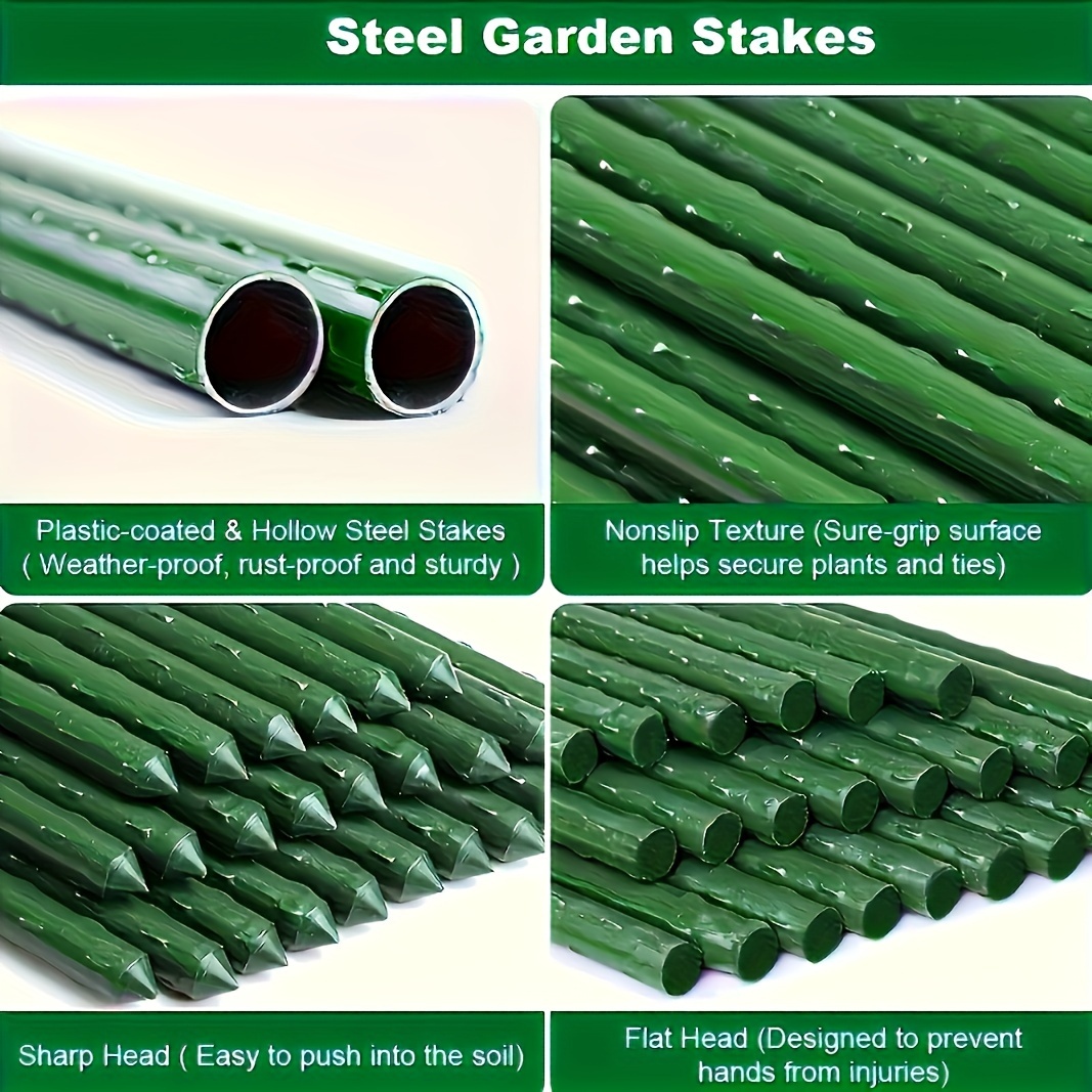 

20-piece Green Coated Steel Garden Stakes, 1.97 Ft - Weatherproof & Rustproof With Non-slip Grip, Pointed & Flat Heads For Secure Plant Support