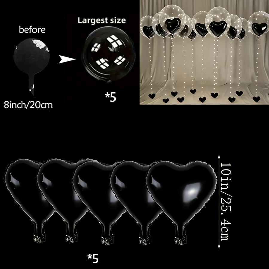 TEMU 10pcs Clear Bobo Balloons With Black Heart Balloons, 5pcs 20-inch Clear Bobo Balloons And 5pcs 10-inch Black Heart Balloons, For Proposals,